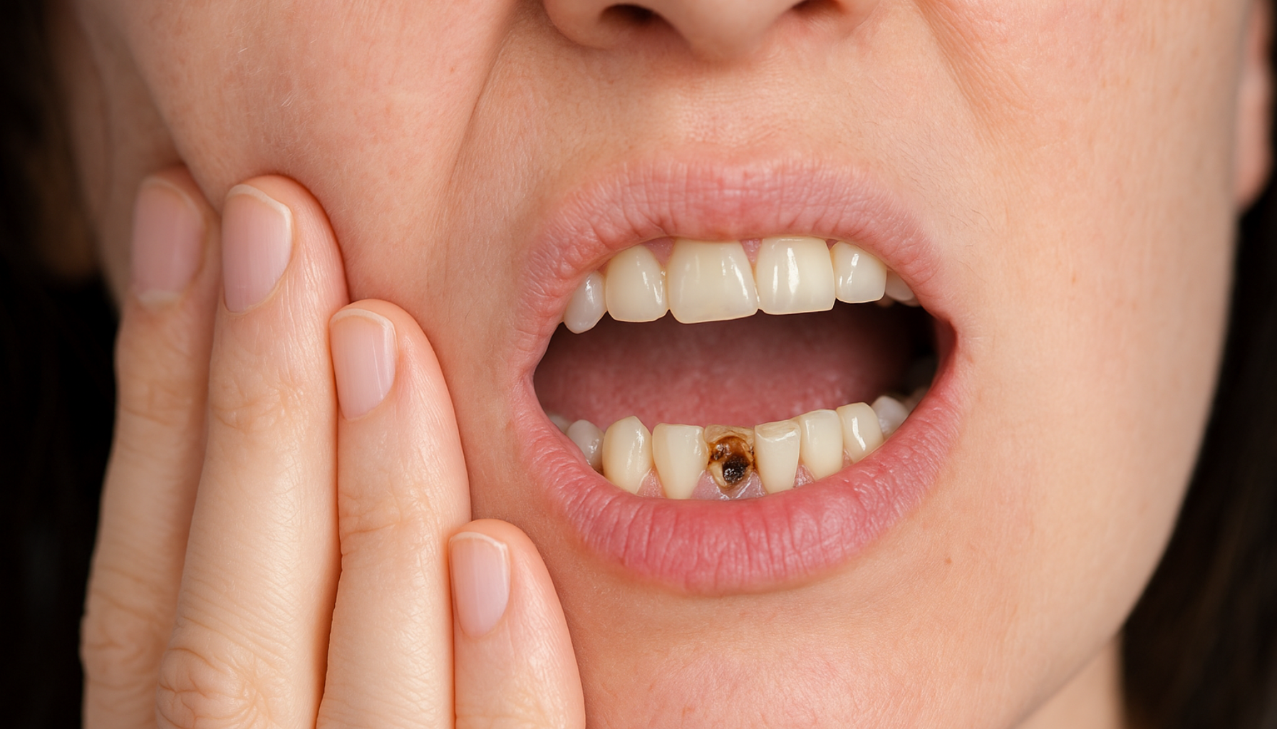 Kvinne som holder seg til kinnet med tydelig tannverk i nøytral, lys setting.