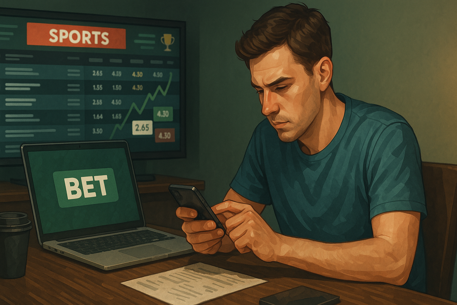 Ilustrasi digital semi-realistis menunjukkan seorang lelaki muda yang fokus menggunakan telefon bimbitnya untuk memeriksa odds pertaruhan, dengan komputer riba yang memaparkan butang "BET" besar dan monitor di belakang menunjukkan data pertaruhan sukan langsung, menekankan pembuatan keputusan strategik dalam pertaruhan.