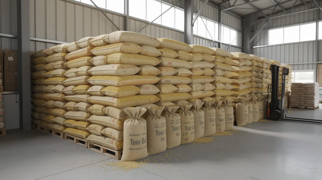 The image shows stacked jute bags filled with cleaned and processed toor dal in a warehouse, ready for distribution. These bags represent the final product of the dal milling process, highlighting the quality production essential for meeting the growing demand in the domestic market.