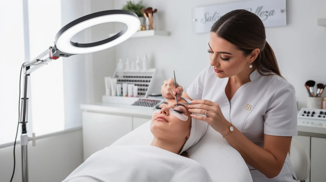 Una profesional de estética aplica extensiones de pestañas a una cliente en un salón moderno, rodeada de herramientas y productos específicos para el tratamiento. En la mesa se puede ver un documento que podría ser una ficha clínica para extensiones, indicando la importancia de un consentimiento informado y un protocolo de aplicación.