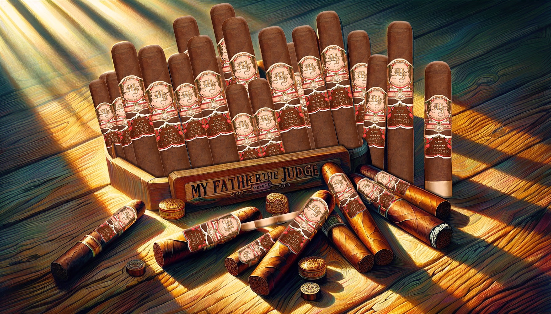 An illustration of various My Father The Judge cigars, showcasing their unique shapes and sizes.