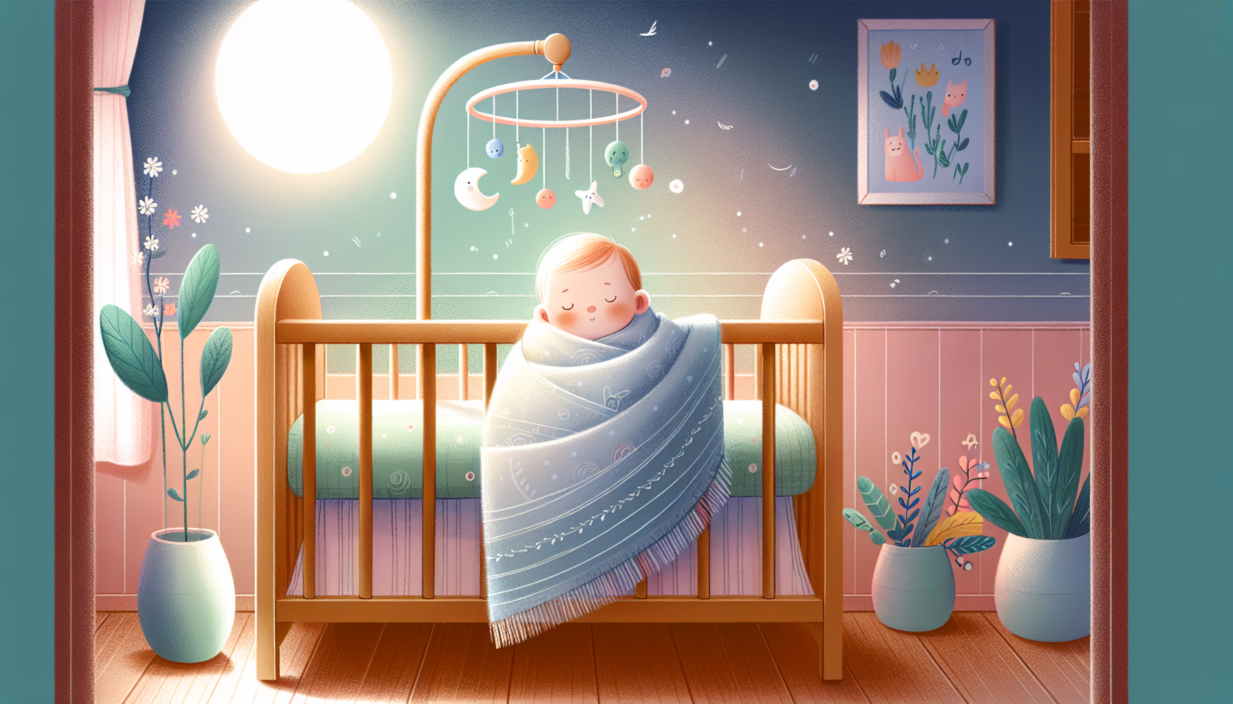 Illustration of a 12-month-old baby sleeping peacefully in a crib