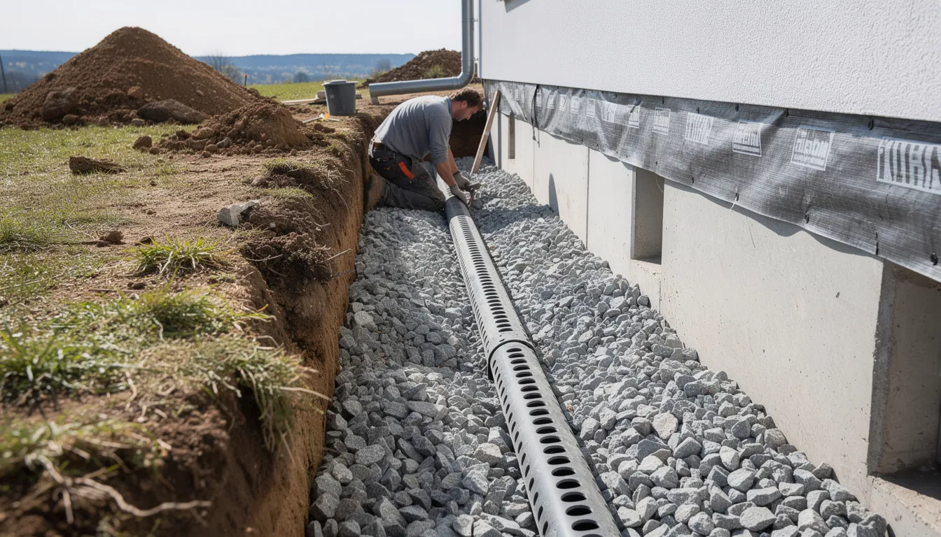 The image shows a French drain being installed along the side of a residential foundation, designed to manage rainwater runoff and prevent flooding. This drainage system is a crucial element in flood mitigation efforts, helping to protect the property from potential flood damage and future flooding risks.