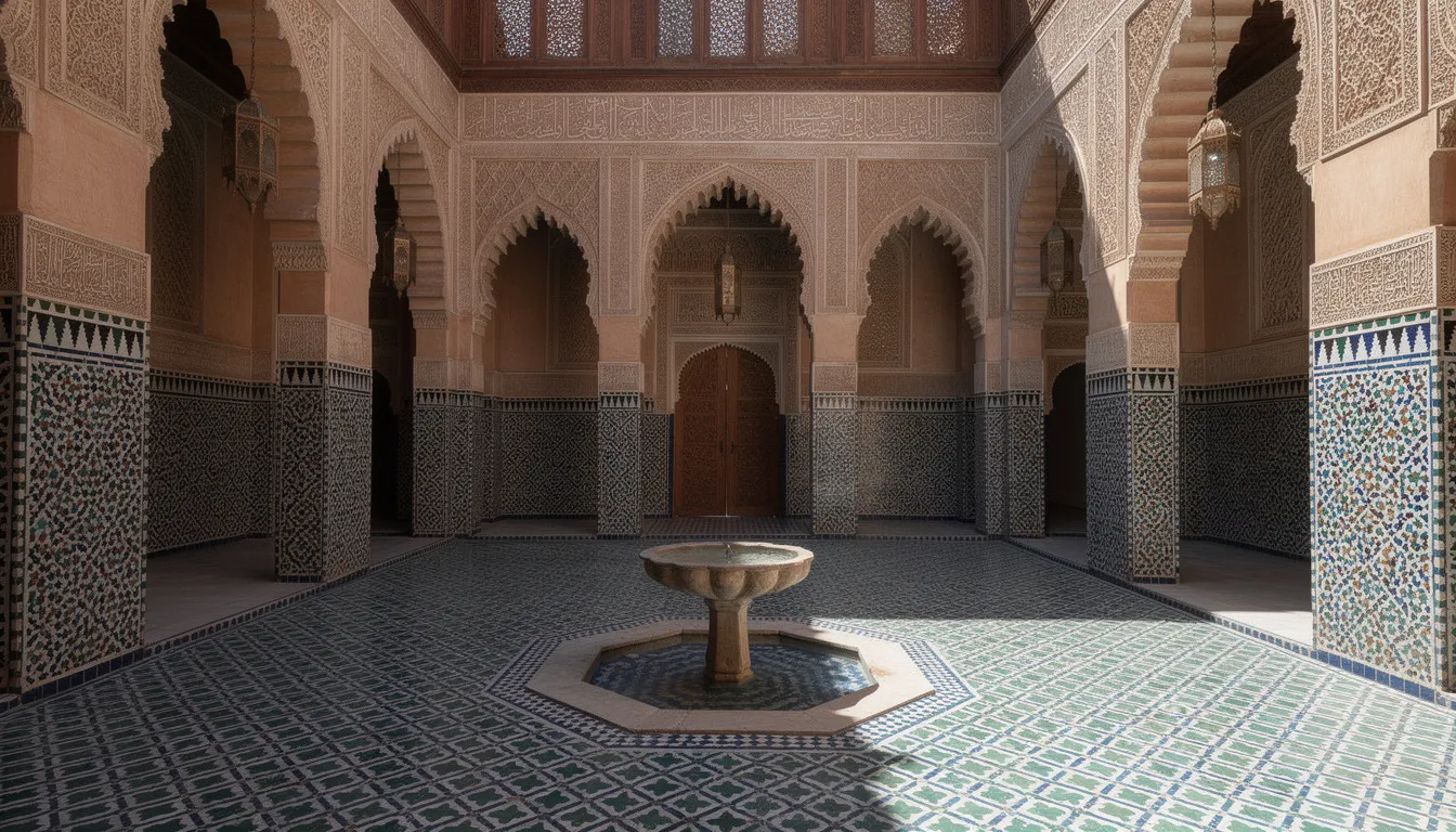 The image depicts the interior courtyard of a Moroccan madrasa, featuring intricate geometric tile patterns and beautifully carved archways surrounding a serene fountain. This space embodies the cultural richness and beauty of Islamic architecture, making it an inspiring destination for Muslim travelers exploring the world.