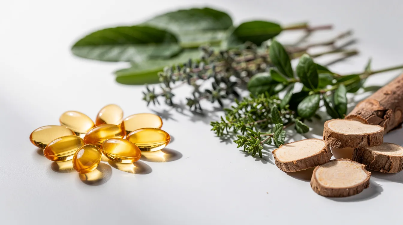 The image shows neatly arranged softgel capsules alongside various natural herbs and plant extracts, suggesting a focus on dietary supplements that may enhance male performance and treat erectile dysfunction. The presence of these natural ingredients indicates a potential alternative to prescription medications for improved overall well-being and increased blood flow.