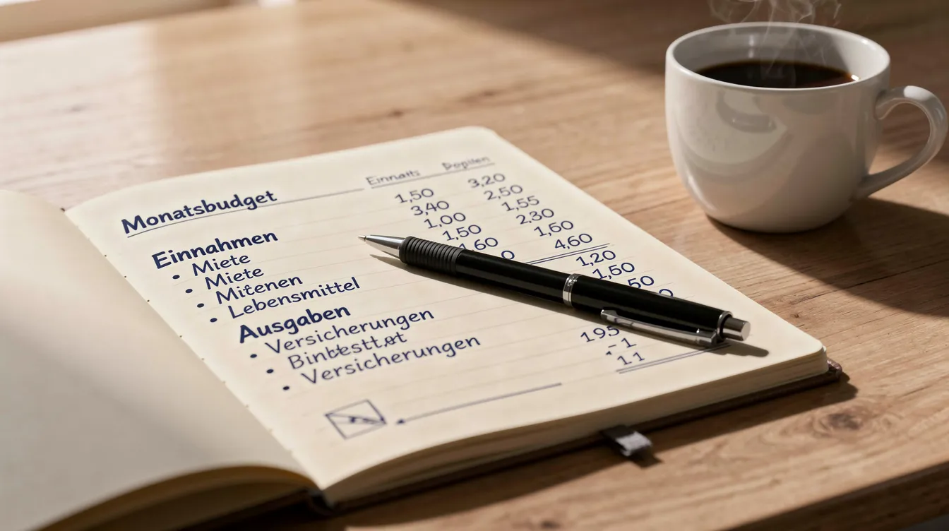 Ein Notizbuch mit handgeschriebenen Budgetnotizen liegt auf einem Schreibtisch, daneben steht eine Tasse Kaffee. Diese Szene vermittelt eine entspannte Arbeitsatmosphäre, ideal für das Planen von Sportwetten oder das Vergleichen von Wettanbietern ohne OASIS.