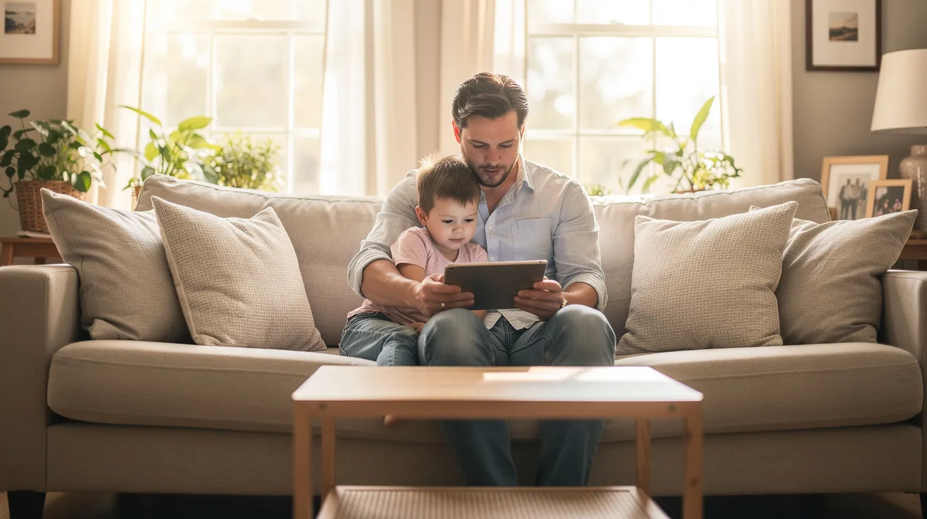 A parent and their young child are sitting together in a bright living room, engaged in looking at a tablet device, which may serve as a tool to support the child's language skills and speech development. This moment highlights the importance of interaction and technology in addressing speech and language challenges for children.