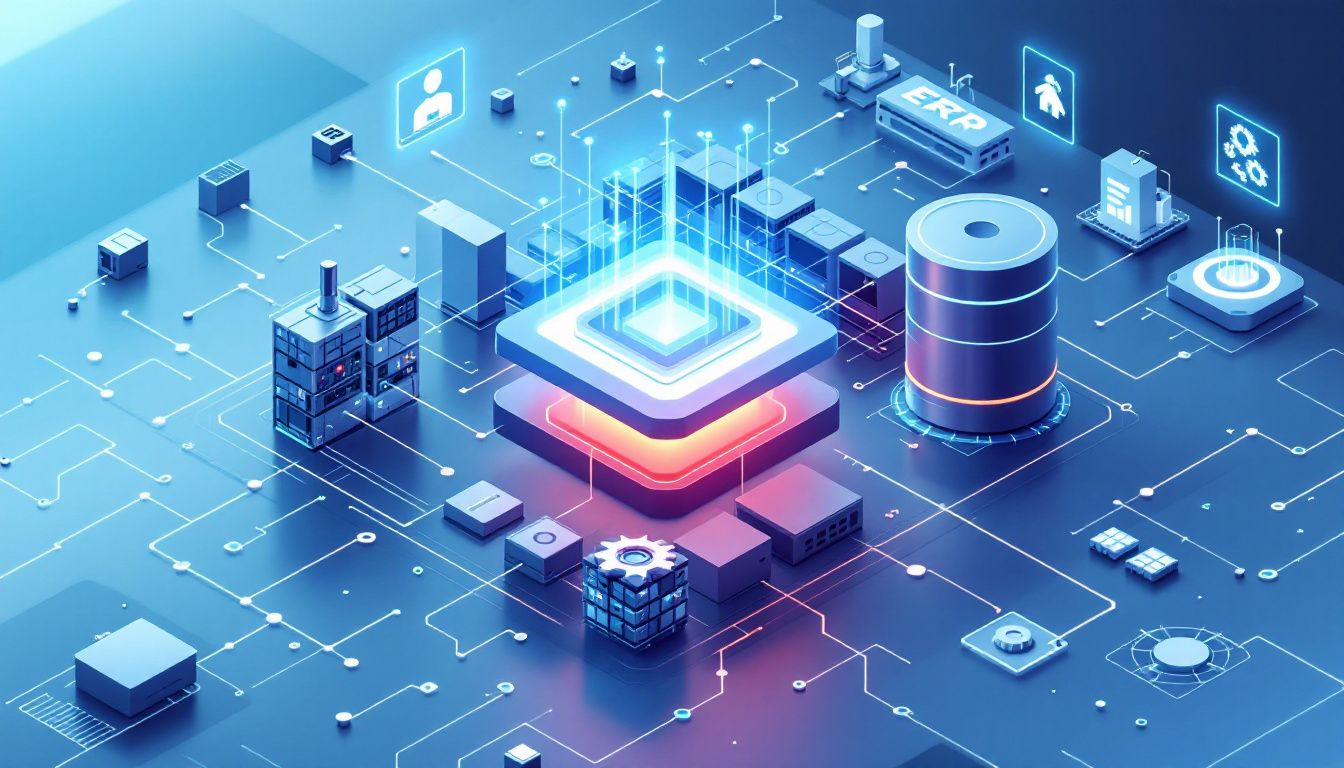 A visual representation of core features of ERP systems in a manufacturing context.