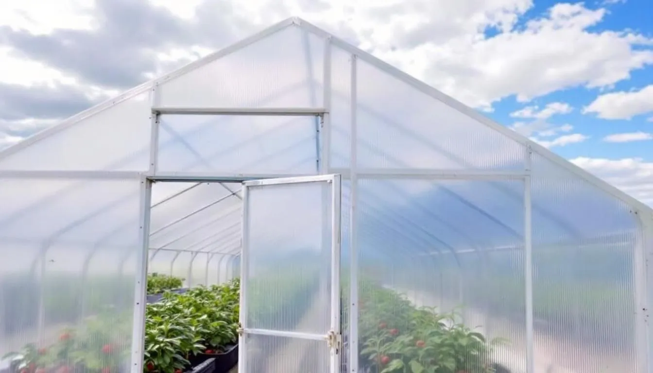 Das Bild zeigt ein Tomatengewächshaus, das aus einer stabilen Aluminiumkonstruktion und transparenten Kunststofffolien besteht, um die Tomatenpflanzen vor Regen und Hagel zu schützen. Es ist in einem Garten platziert und ermöglicht eine optimale Luftzirkulation sowie Belüftung für das Wachstum der Pflanzen.