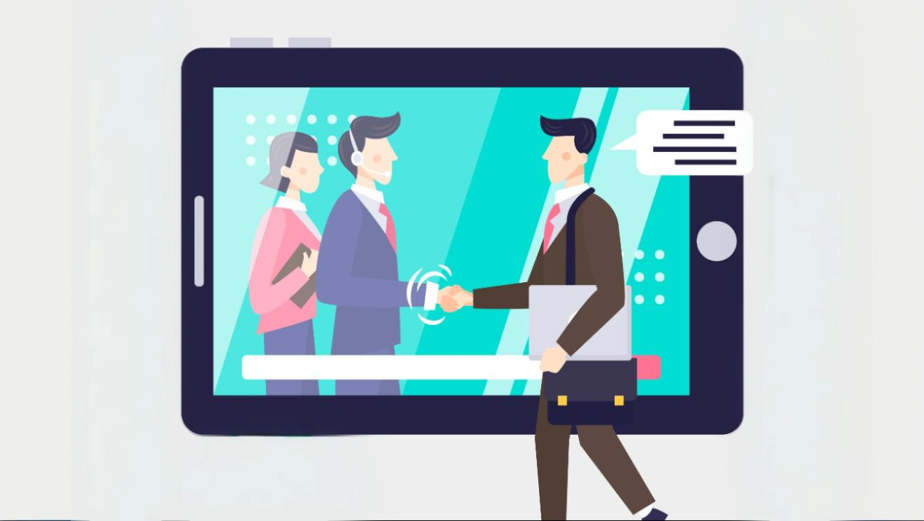 Illustration of a businessperson shaking hands with a remote team through a tablet, symbolizing how a marketing agency for telecommunications companies helps convert prospects and build loyal customers.