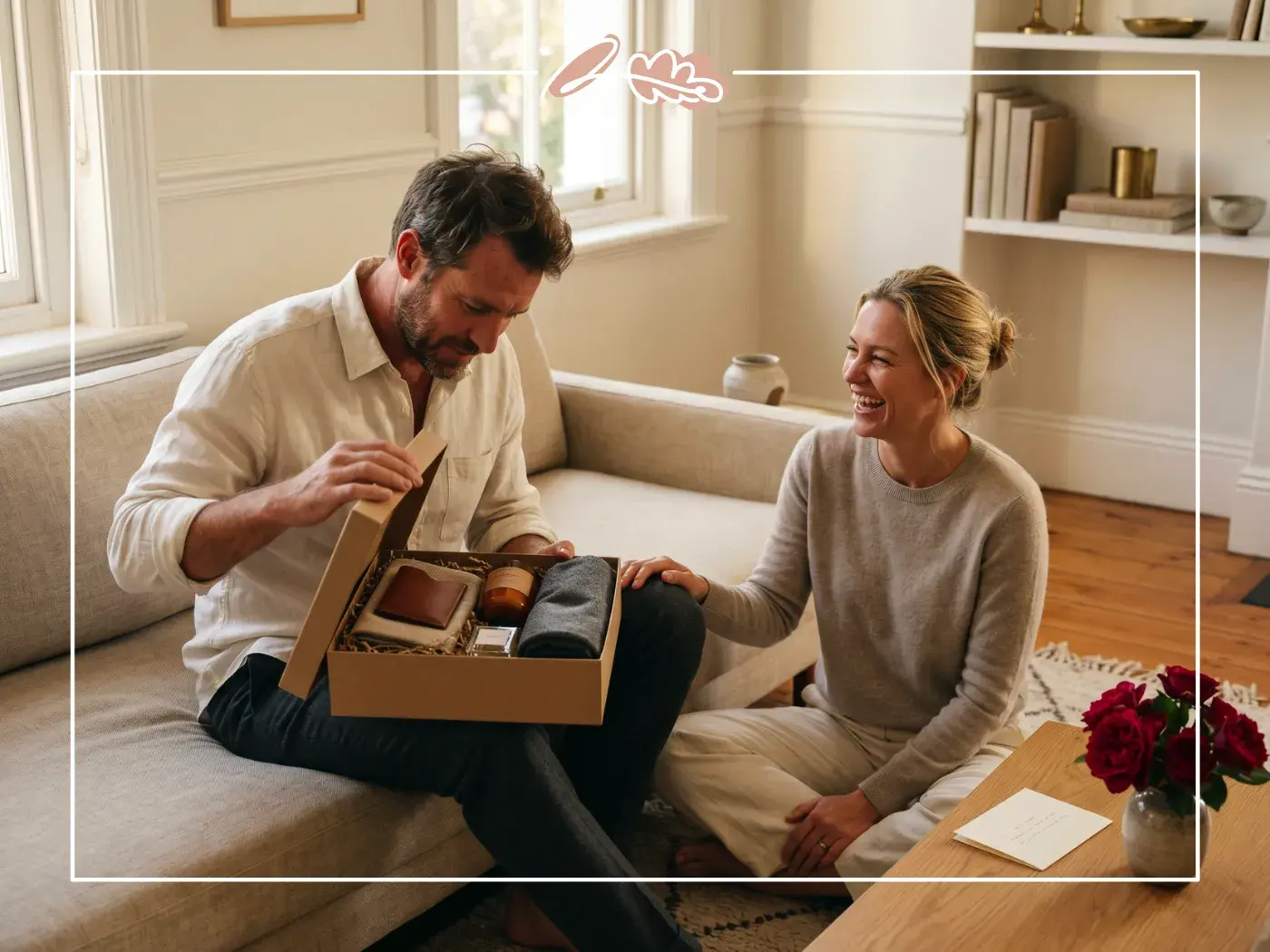 Husband unwrapping curated birthday gift box with leather wallet candle and cashmere scarf from his wife from Fabulous Flowers Cape Town