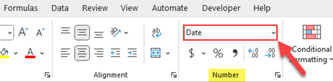 The drop-down menu for Number Format