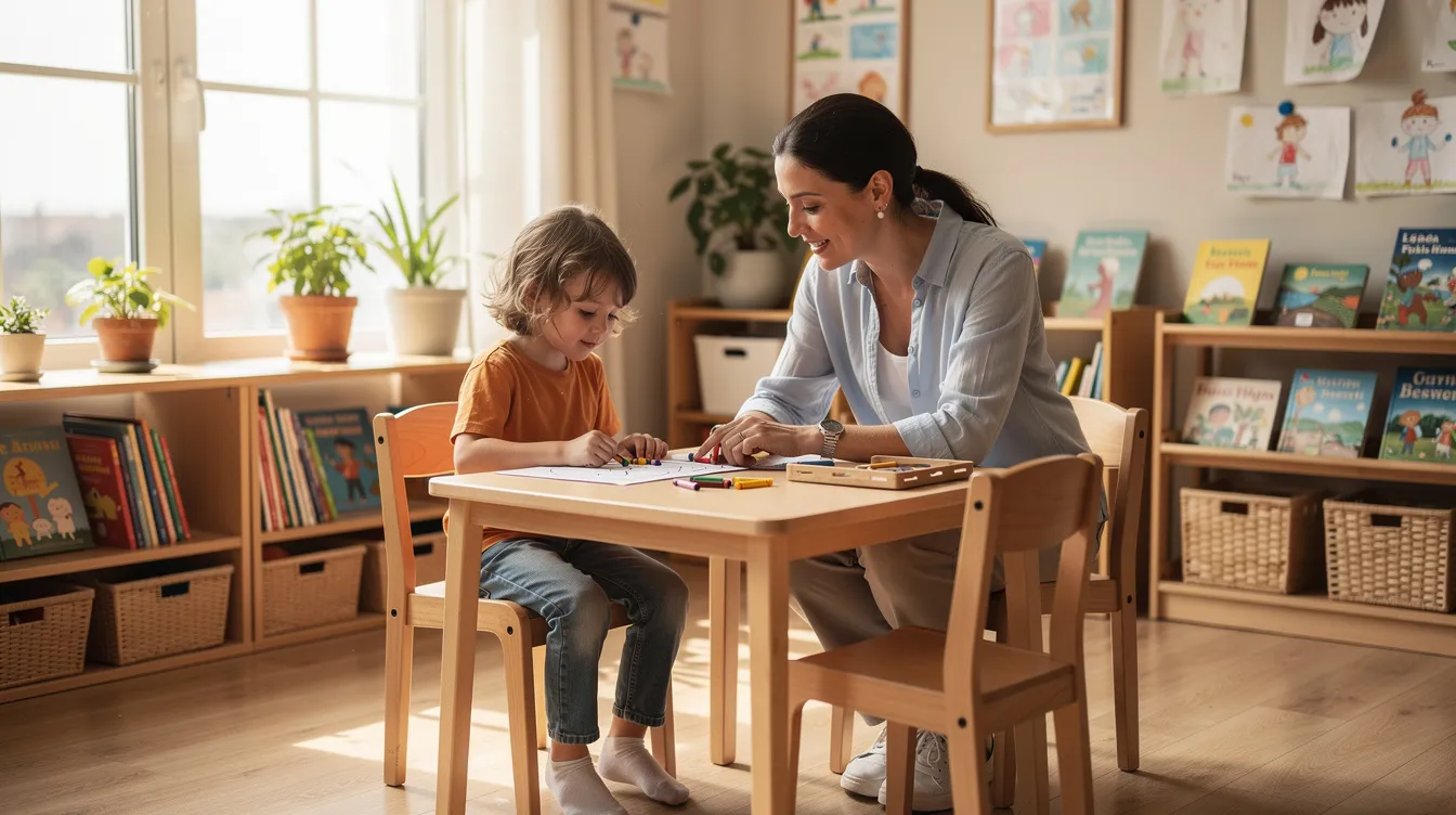 The image depicts a warm, well-lit learning space where a young child is engaged in one-on-one educational therapy with an adult at a small table, focusing on developing academic skills and coping strategies tailored to the child's unique learning profile. This supportive environment aims to enhance the child's ability to learn effectively and improve their academic performance, addressing any learning difficulties or challenges they may face.