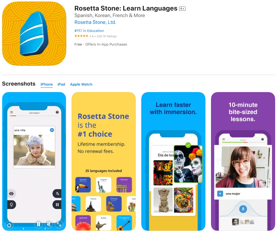 Rosetta Stone app preview on App Store with 4.8-star rating