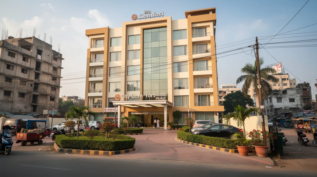 The image depicts the exterior of a mid-range hotel in an Indian city, showcasing a welcoming entrance and a beautifully landscaped driveway, reflecting the hospitality industry's focus on guest experience. The hotel's design suggests a commitment to financial health and operational efficiency, essential for maintaining a successful hotel business.