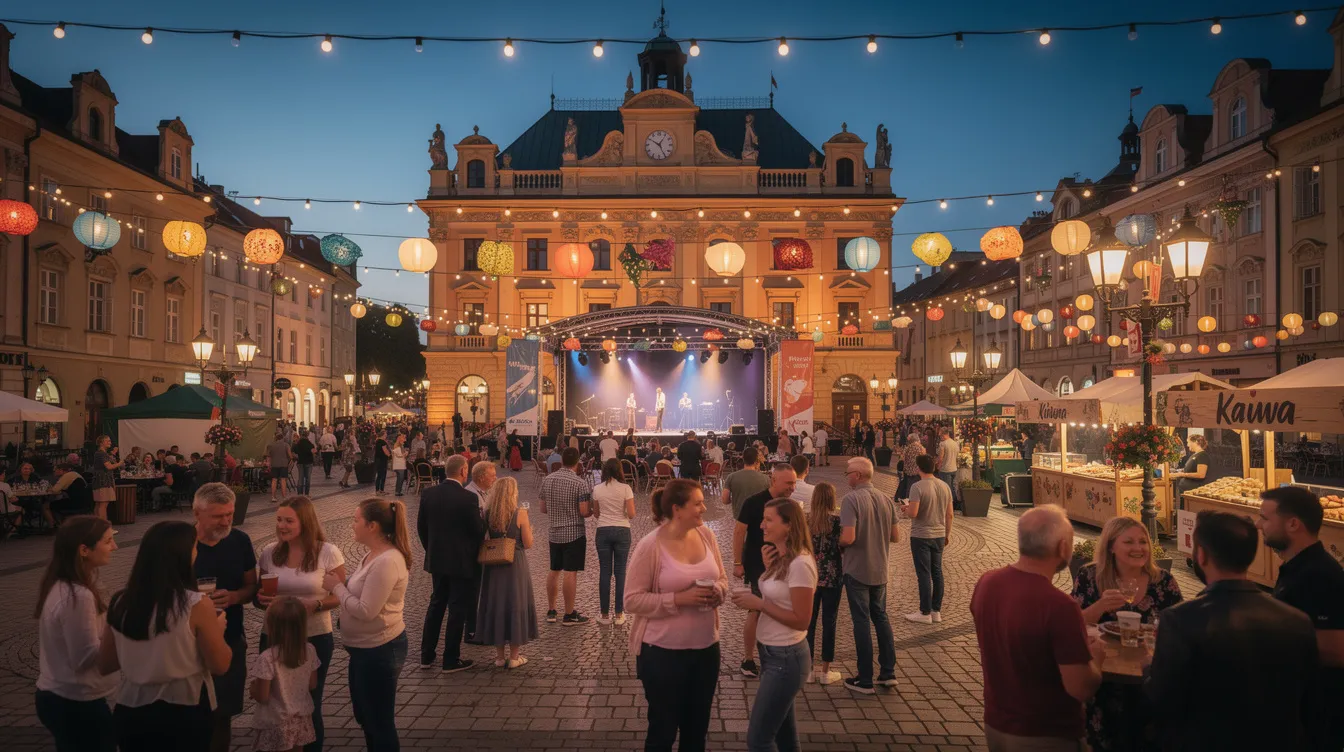 Na miejskim placu zgromadzili się ludzie, kt&oacute;rzy uczestniczą w wydarzeniu kulturalnym, wypełnionym wieczorną atmosferą oraz dekoracjami. To wydarzenie przypomina o wartościach kształtujących nar&oacute;d i jest częścią edycji narodowego czytania, kt&oacute;ra łączy pokolenia w wsp&oacute;lnej lekturze wybitnych dzieł polskiej literatury.
