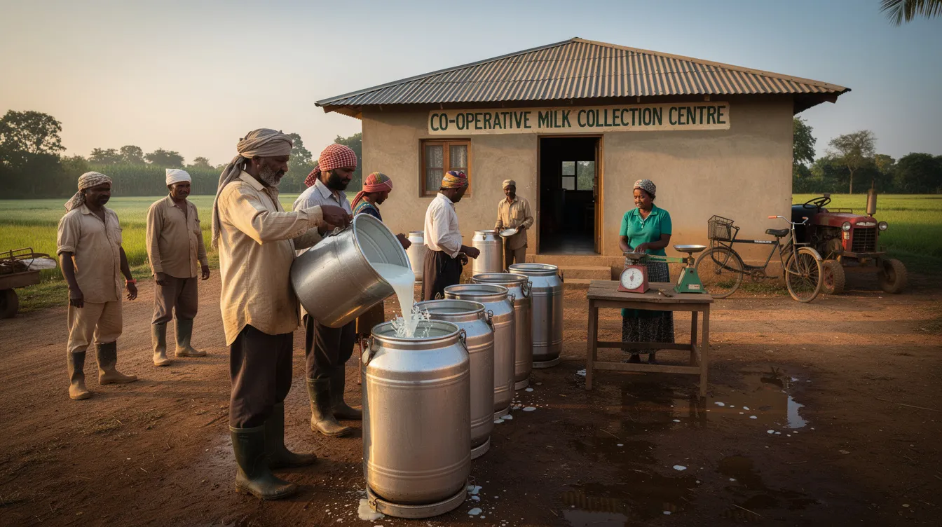89a2440a 61d6 4d35 ad95 7b559902db99 The image depicts dairy farmers at a rural cooperative milk collection center, pouring fresh liquid milk into collection cans, showcasing the traditional methods of milk processing in the dairy industry. This scene highlights the essential role of dairy cooperatives in the ghee manufacturing process, contributing to the production of high-quality dairy products for both domestic and international markets.