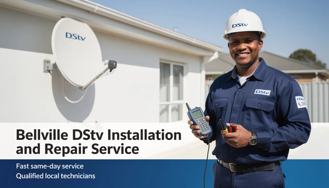 The image showcases a team of professional DStv installers in Bellville, working on a DStv dish installation on the roof of a house, ensuring optimal signal reception. They are equipped with tools and safety gear, highlighting their expertise in providing quality DStv installation services and repairs.