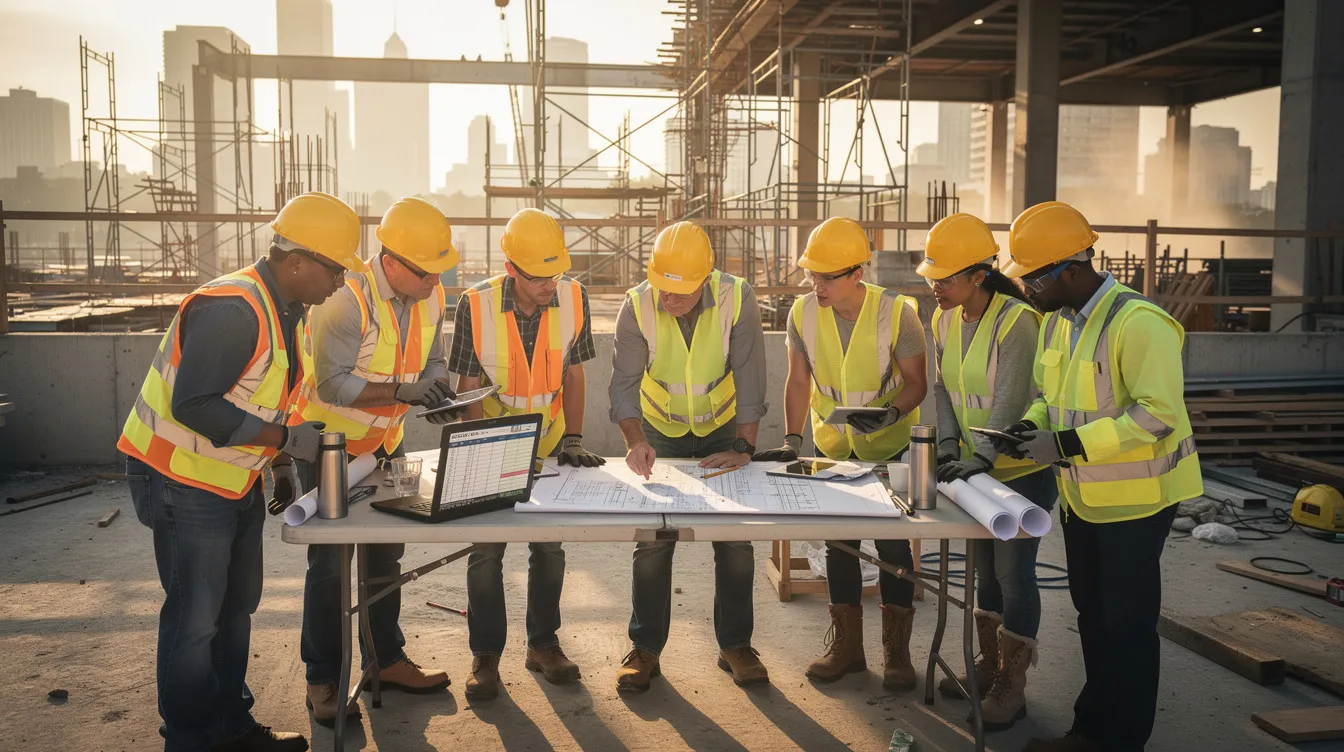 A construction team, wearing hard hats and safety vests, is gathered around a table for a morning planning meeting at a commercial jobsite, discussing the construction risk management process and identifying potential risks to ensure project success. The team includes project managers and construction workers focused on developing effective risk management strategies to enhance safety and mitigate construction risks.
