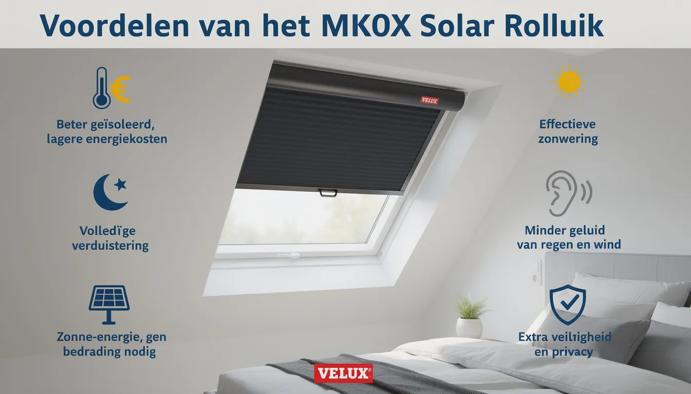 Een afbeelding die de voordelen van het MK04 VELUX Solar Rolluik toont, met een focus op de verduistering en ventilatie mogelijkheden van het velux dakraam. Het rolluik is ontworpen om warmteverlies te verminderen en biedt een stijlvolle afwerking voor elk type dakvenster.