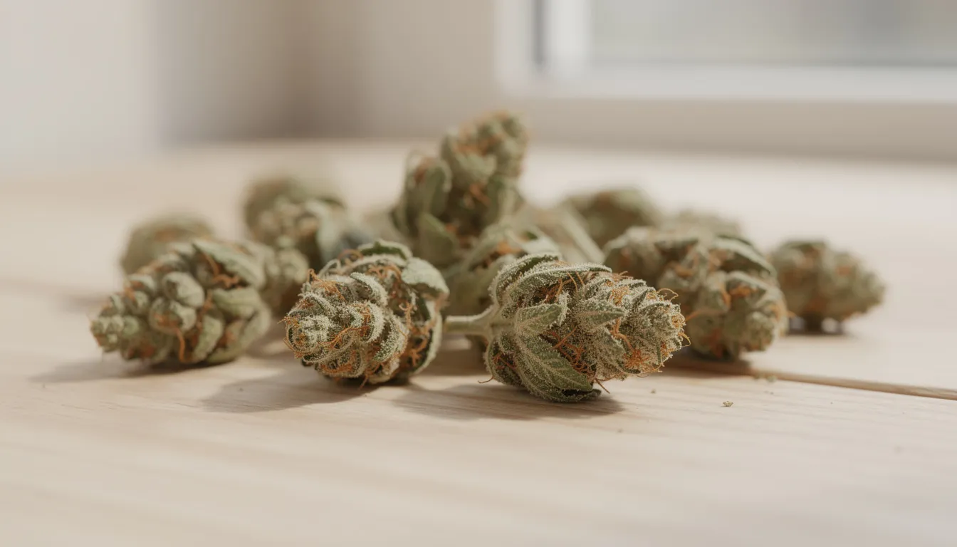 Auf einem hellen Holztisch liegen frische Cannabis-Blüten, die im natürlichen Licht leuchten. Diese Blüten sind ein Teil der Cannabispflanze und enthalten Cannabinoide wie HHC, die für ihre entspannende Wirkung bekannt sind.