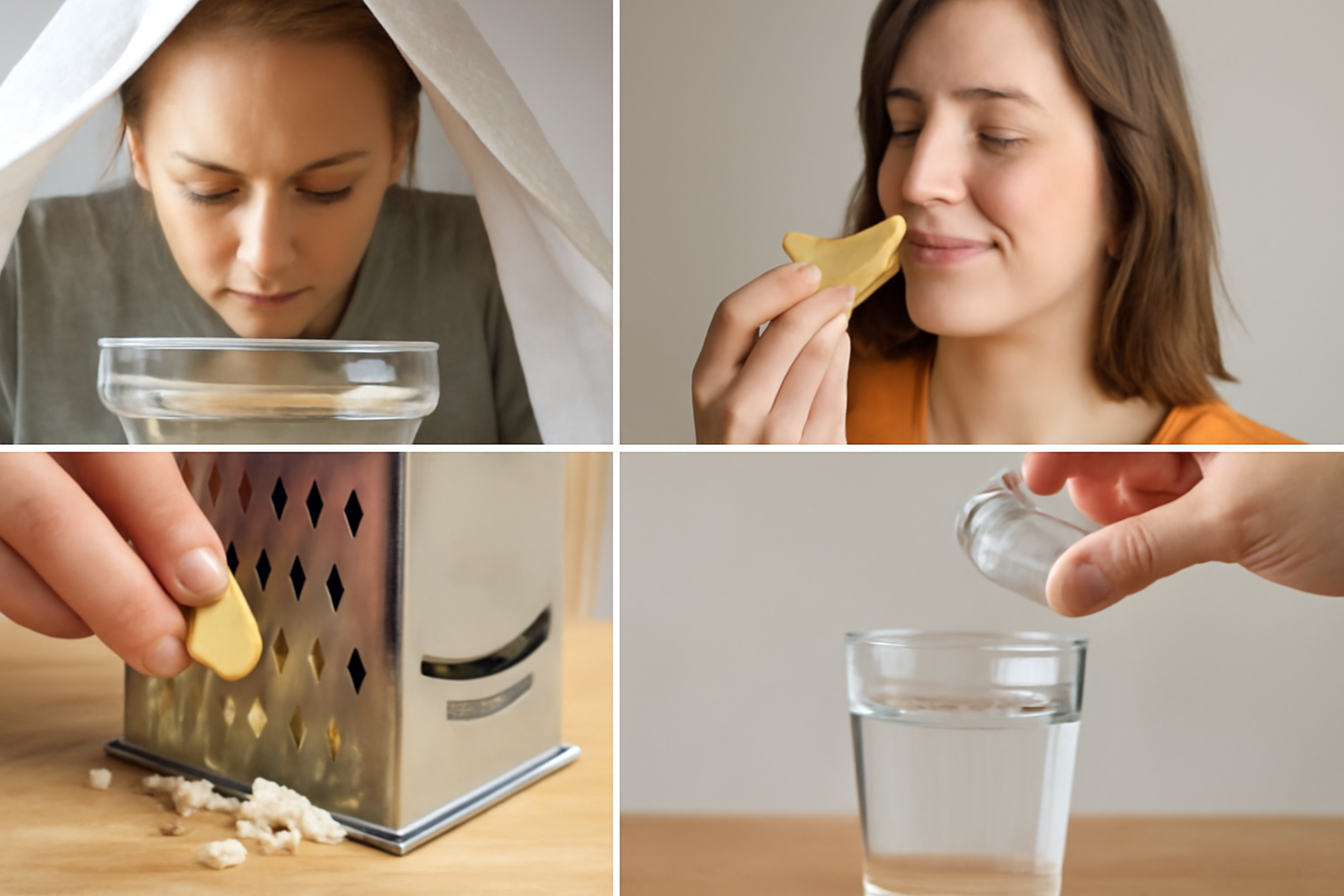 Close-up of a person using different methods to restore senses: steaming, smelling citrus, grating garlic, and adding liquid to water."