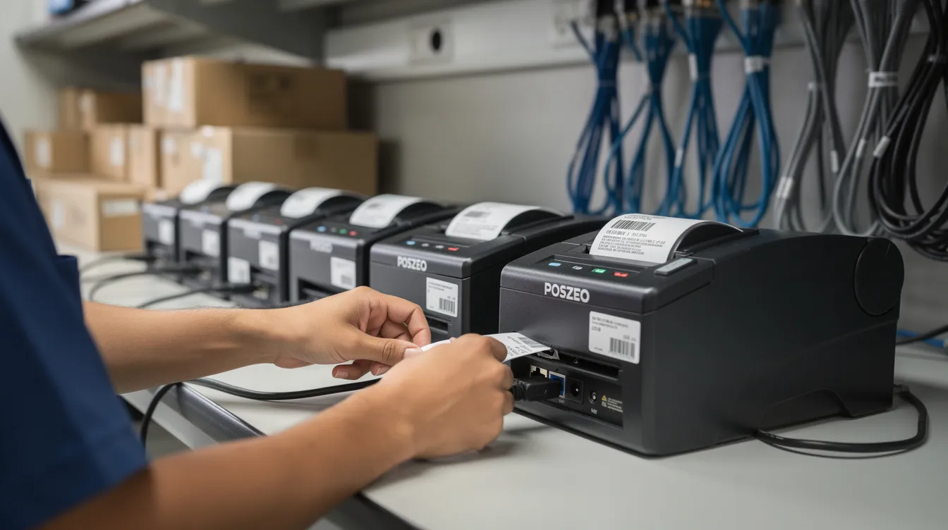 The image depicts an IT staging bench filled with multiple POSZEO terminals and their corresponding receipt printers, showcasing a well-organized tech environment. An IT technician's hands are seen labeling one of the devices, emphasizing the preparation for a restaurant POS system setup, surrounded by neatly arranged boxes and Ethernet cables.