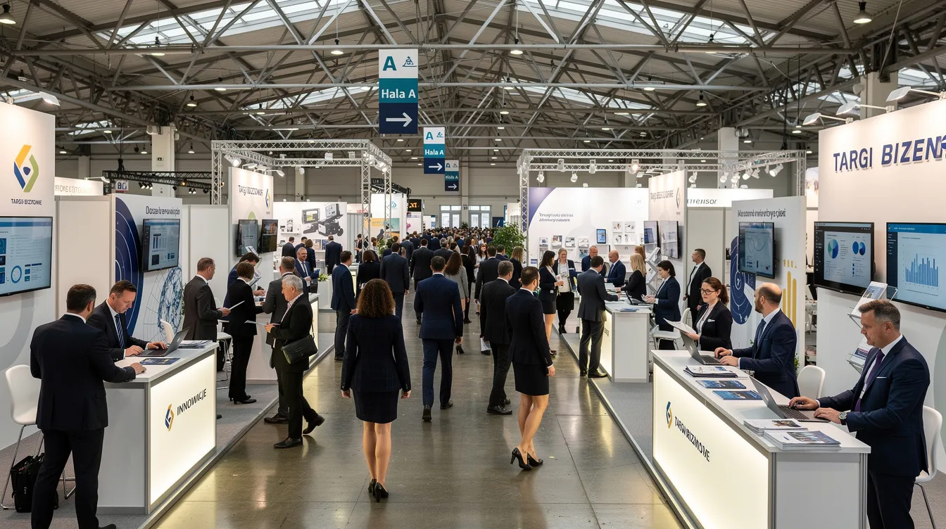 Na zdjęciu znajduje się tłoczna hala targowa, wypełniona profesjonalnymi stoiskami wystawców oraz odwiedzającymi w eleganckich strojach biznesowych. To wydarzenie, dedykowane branży reklamowej i druku, przyciąga przedstawicieli z całej Europy, oferując najnowsze technologie oraz inspiracje dla agencji reklamowych.