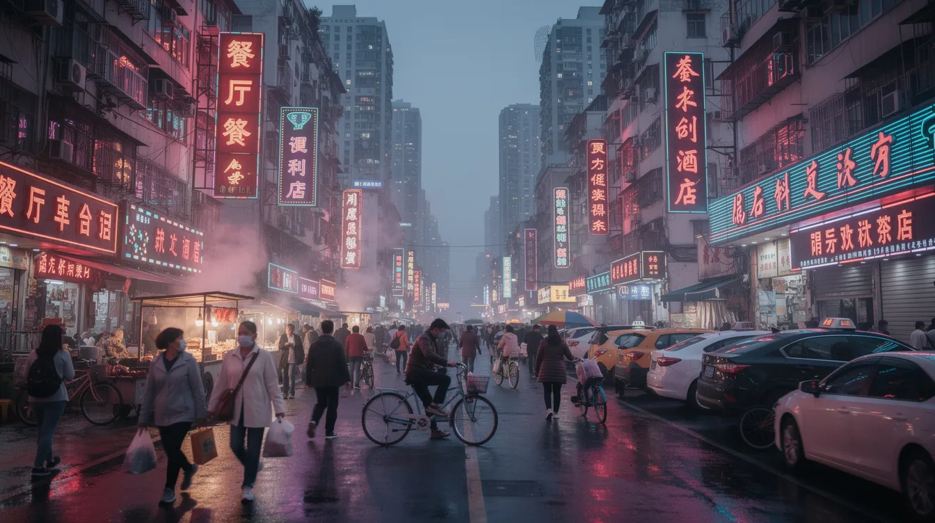 The image depicts a bustling street in a Chinese city at dusk, illuminated by vibrant neon signs, with numerous pedestrians navigating the lively atmosphere. This scene captures the essence of urban life in mainland China, where the blend of modernity and tradition is evident.