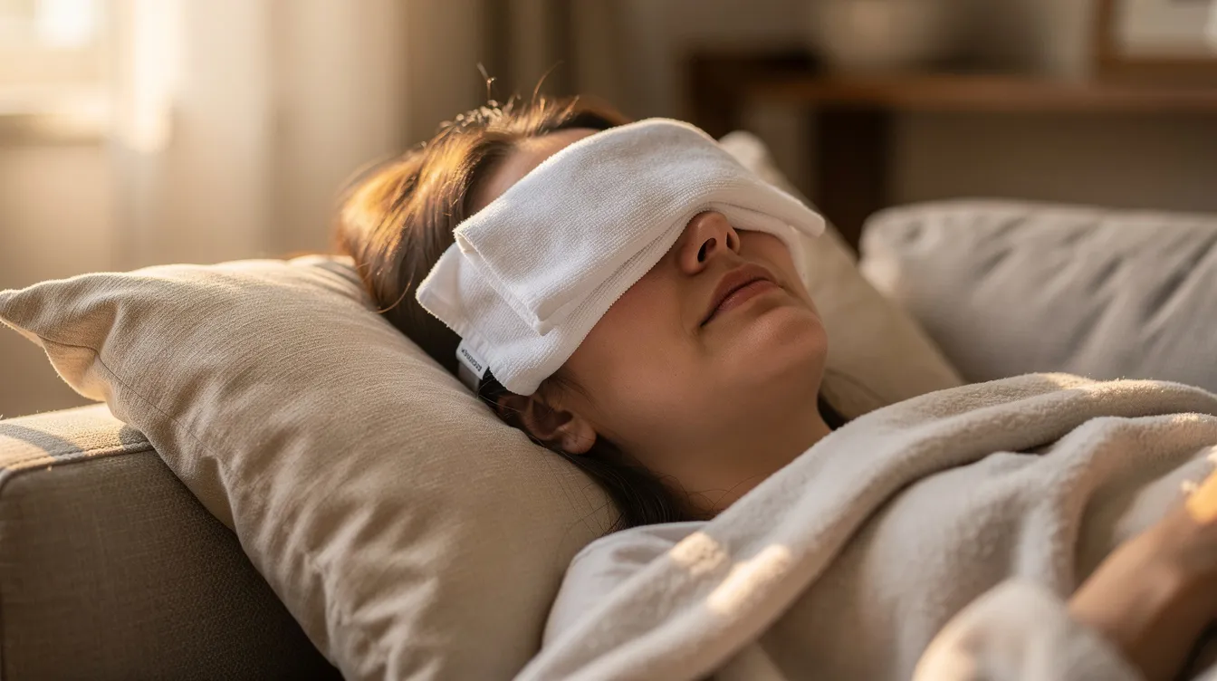 A person is resting comfortably at home with a cold compress gently placed over their closed eyes, likely to alleviate swelling or discomfort following eyelid surgery. The soothing compress may help in the recovery process after procedures like lower blepharoplasty, where local anesthesia is commonly used.
