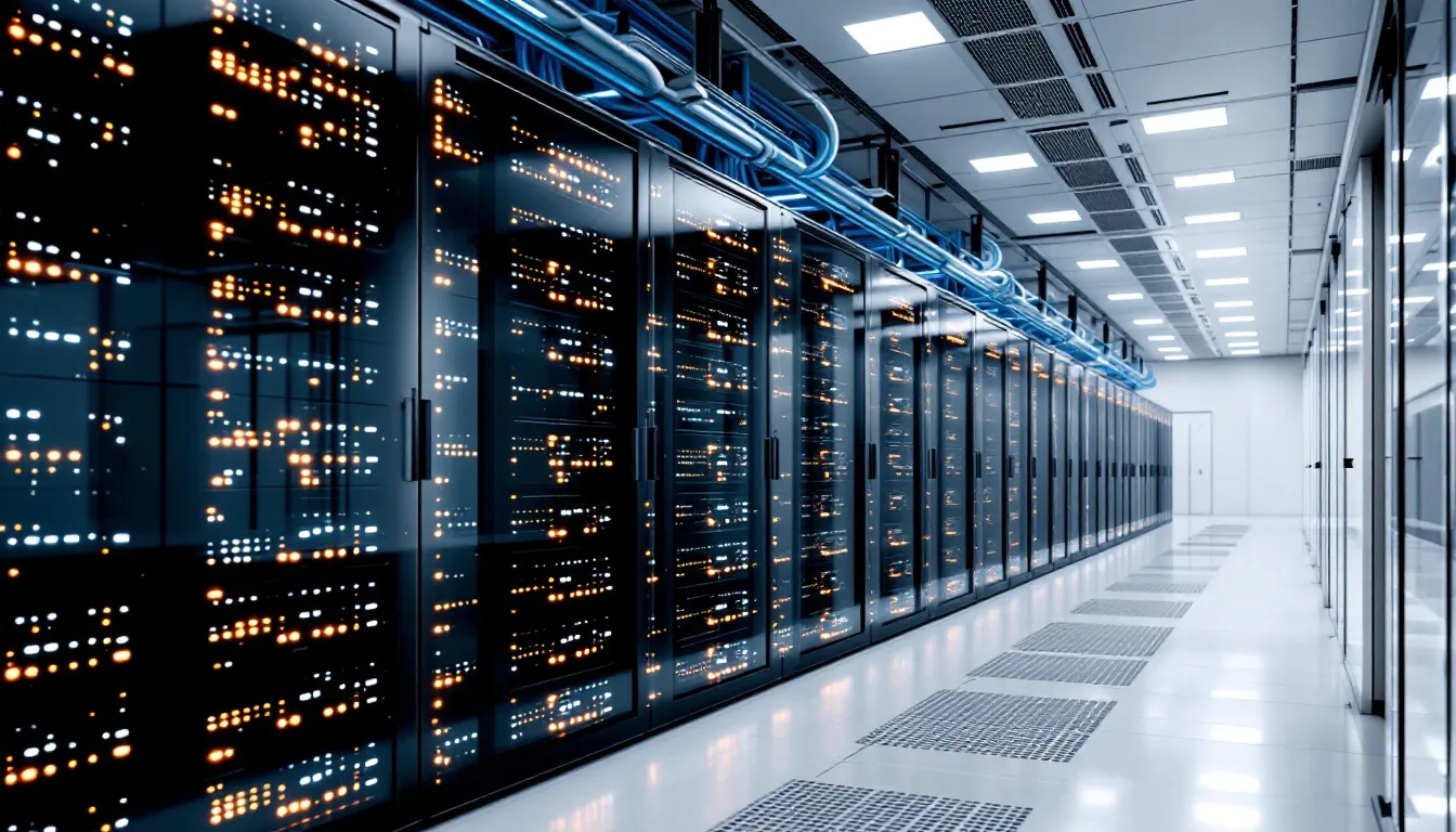The image depicts a modern data center filled with multiple servers and extensive network connections, symbolizing the enterprise data infrastructure essential for data management and integration. This setup facilitates data virtualization and real-time analytics, allowing organizations to access and query data from diverse sources efficiently.