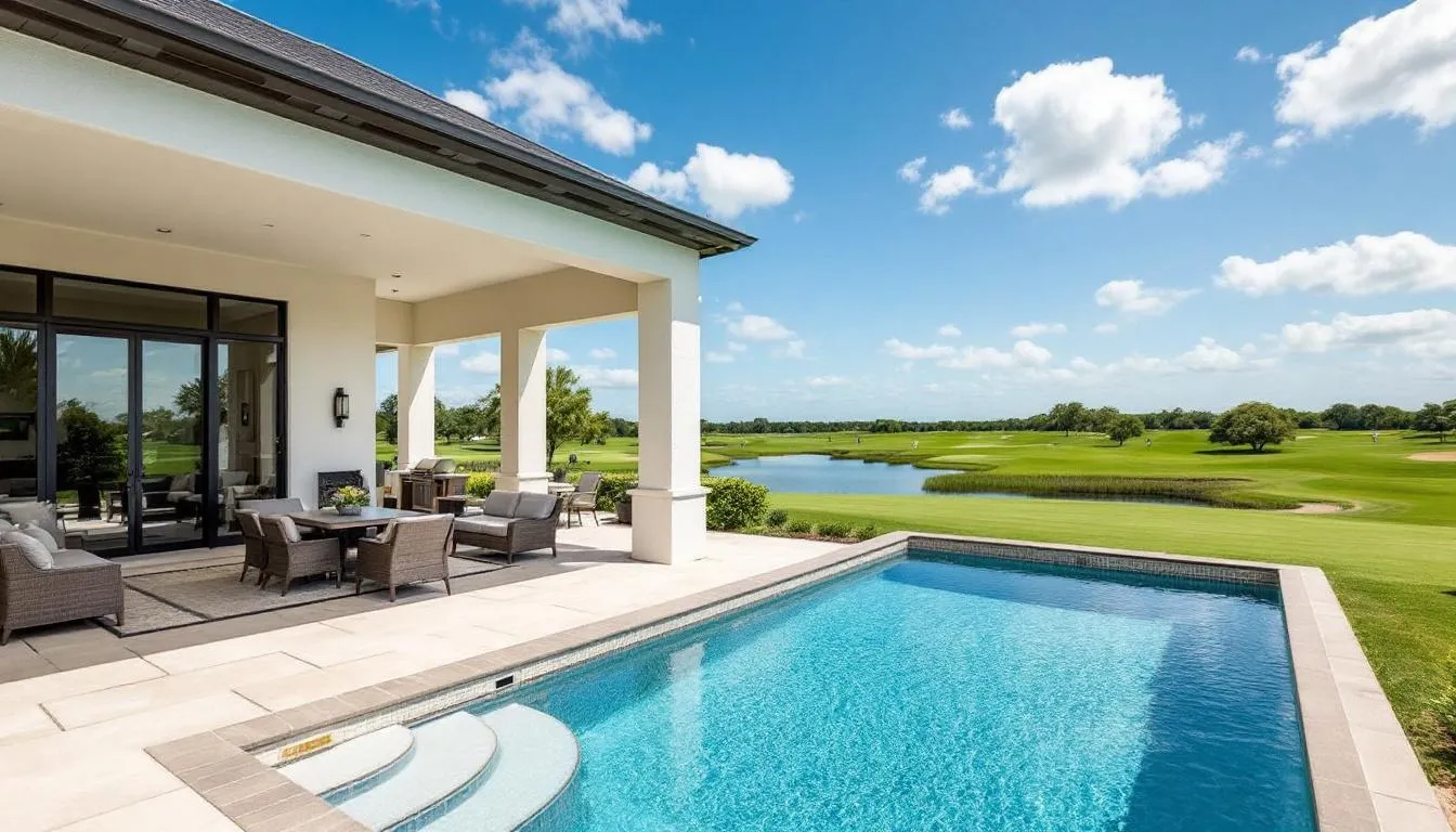 This image depicts a luxurious pool home in Bonita Springs, Florida, featuring a covered lanai that overlooks a perfectly manicured golf course. The inviting residence embodies coastal convenience with a thoughtful split floor plan, offering separate living spaces and a spacious family room, perfect for enjoying the incredible Florida lifestyle.