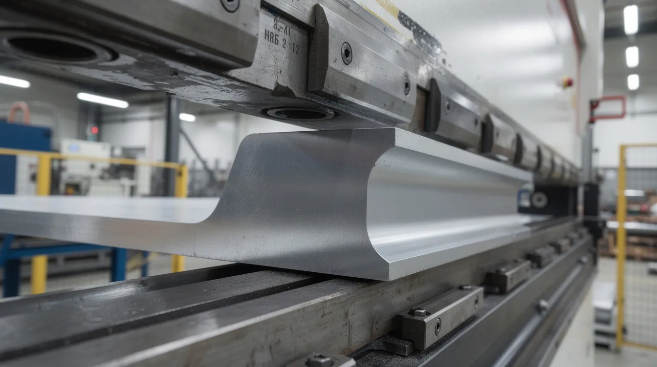 A close-up view of a hydraulic press brake in a factory setting, showcasing the sheet metal bending process as it forms a stainless steel bracket. The image highlights the bending operation, focusing on the precise angles and tight tolerances required for creating bent sheet metal parts.