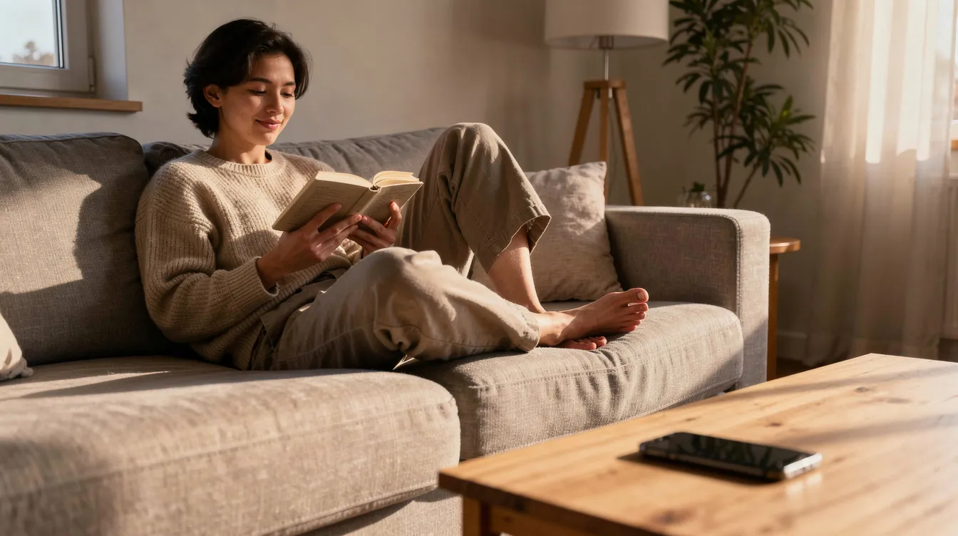 A person is comfortably relaxing on a couch, engrossed in a book, while their phone rests on a nearby table, suggesting a peaceful moment away from dating apps and the online dating scene. The cozy atmosphere highlights the importance of taking time for oneself amidst the busy world of dating and relationships.