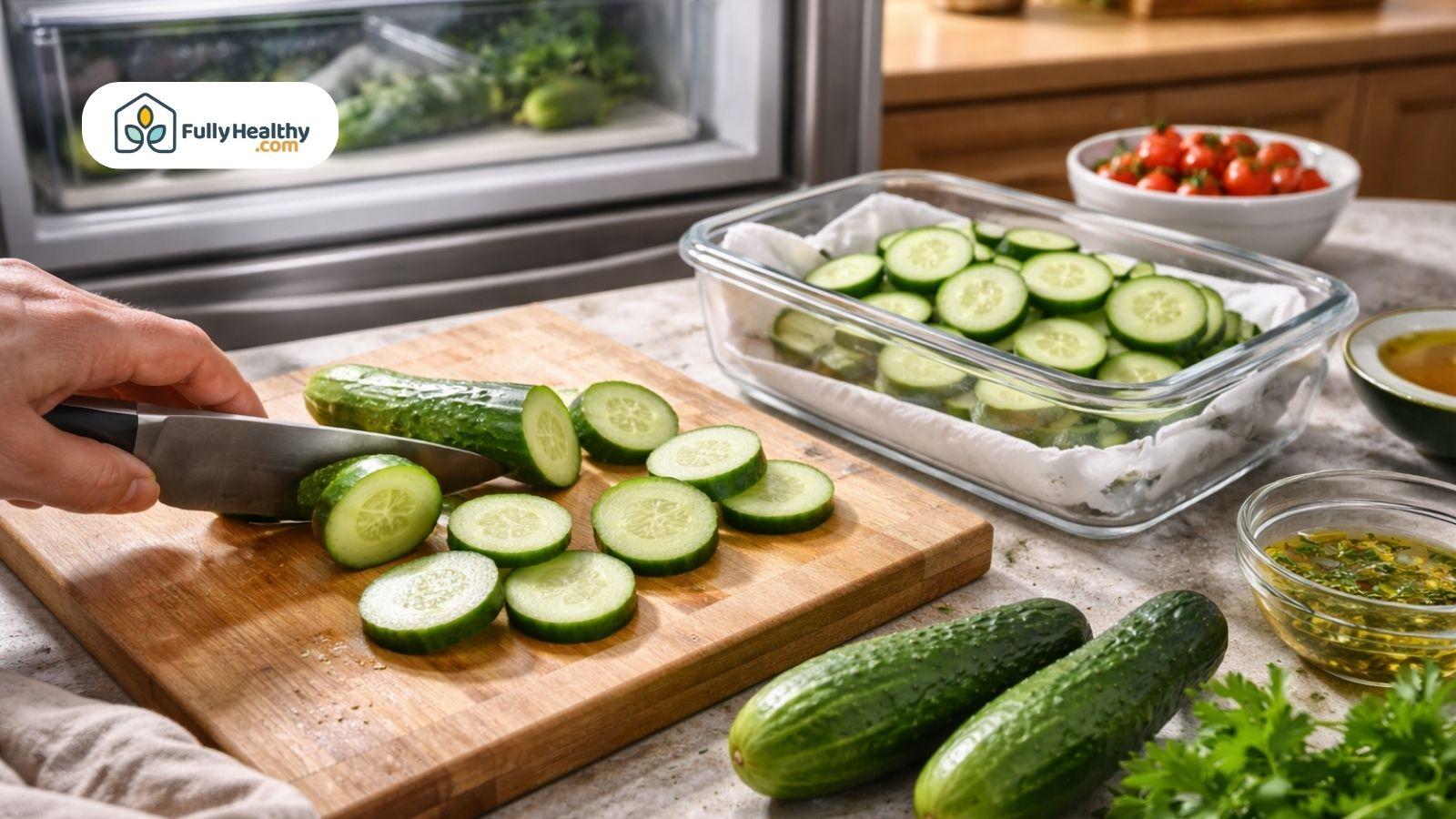 Cutting fresh cucumbers on board with stored slices in glass container
