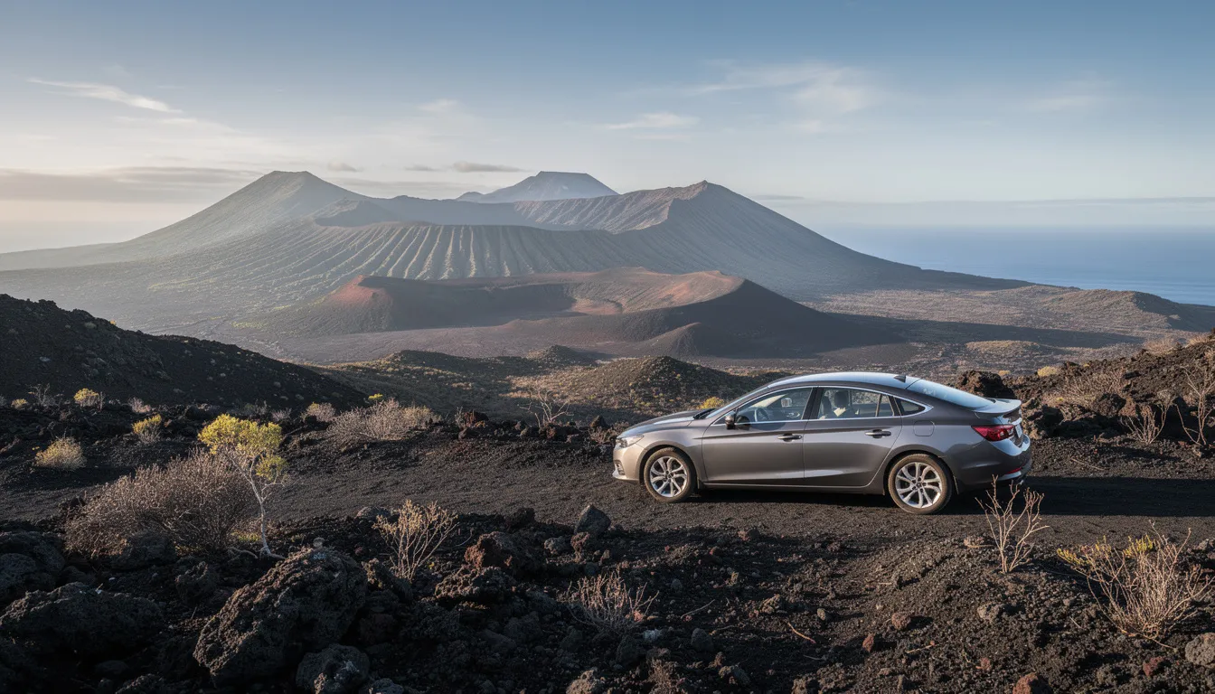 Une voiture est garée devant un panorama spectaculaire de volcans surplombant l'océan, typique des paysages des îles Canaries. Ce cadre naturel offre une vue imprenable sur la beauté sauvage de Gran Canaria, parfaite pour une escapade en location de voiture.