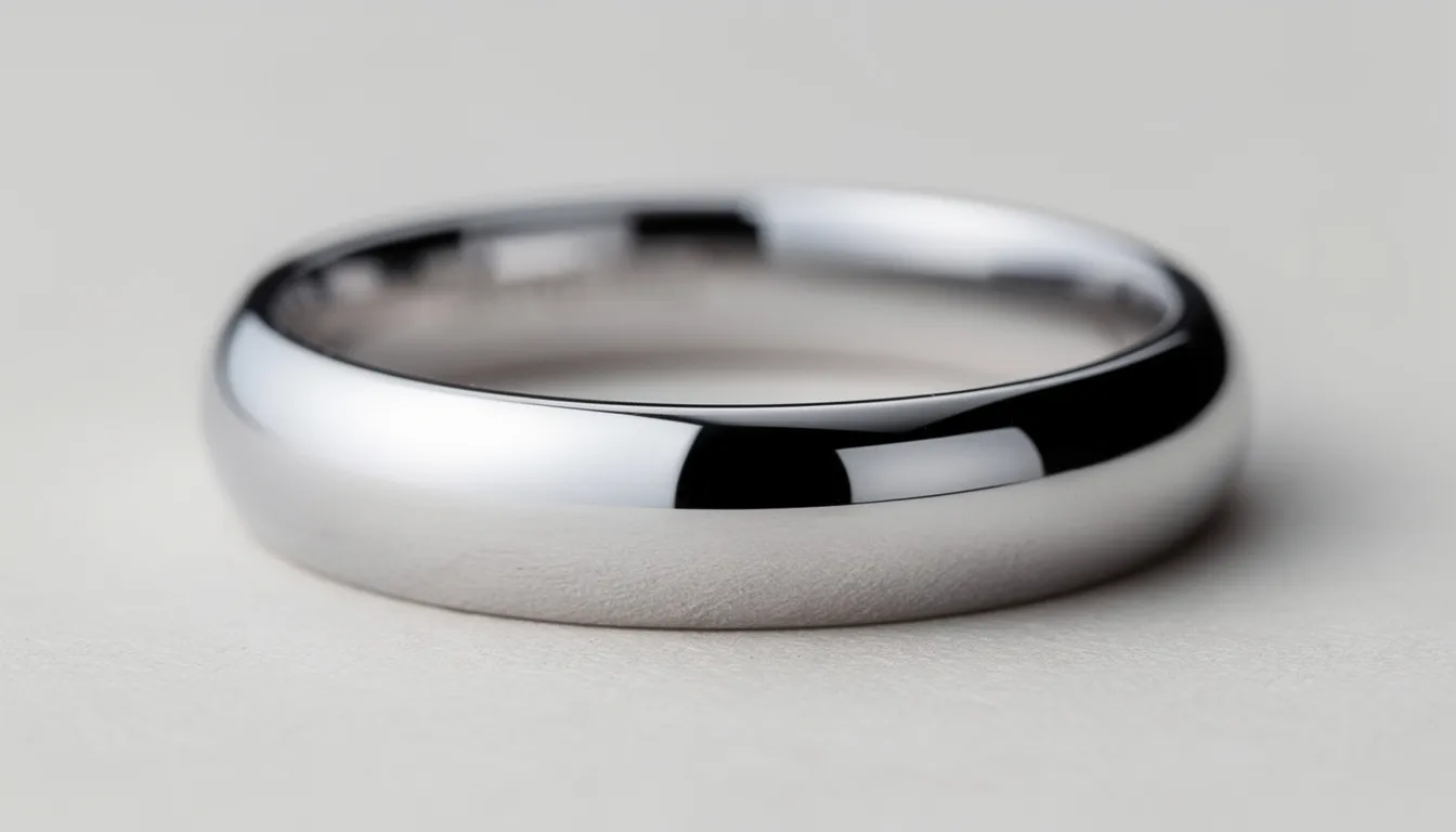 Obrączki z białego złota – nowoczesna klasyka na całe życie 13 Zbliżenie na elegancką rodowaną obrączkę z białego złota, która charakteryzuje się lustrzanym połyskiem. Ta obrączka ślubna z białego złota doskonale komponuje się z klasyczną elegancją, idealnie nadając się na wyjątkowe okazje.