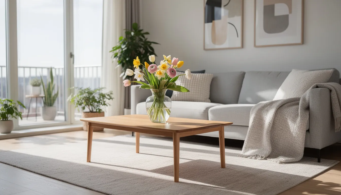 Bright apartment living room filled with natural light, featuring a coffee table with fresh flowers in a glass vase, creating a refreshing spring atmosphere.