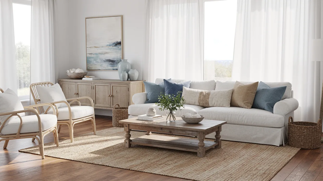 A bright, staged living room features coastal-style furniture and natural light streaming through sheer curtains, creating a welcoming atmosphere ideal for potential buyers. This beautifully designed space exemplifies professional home staging in Central Florida, enhancing the home's appeal and first impression for clients and realtors alike.