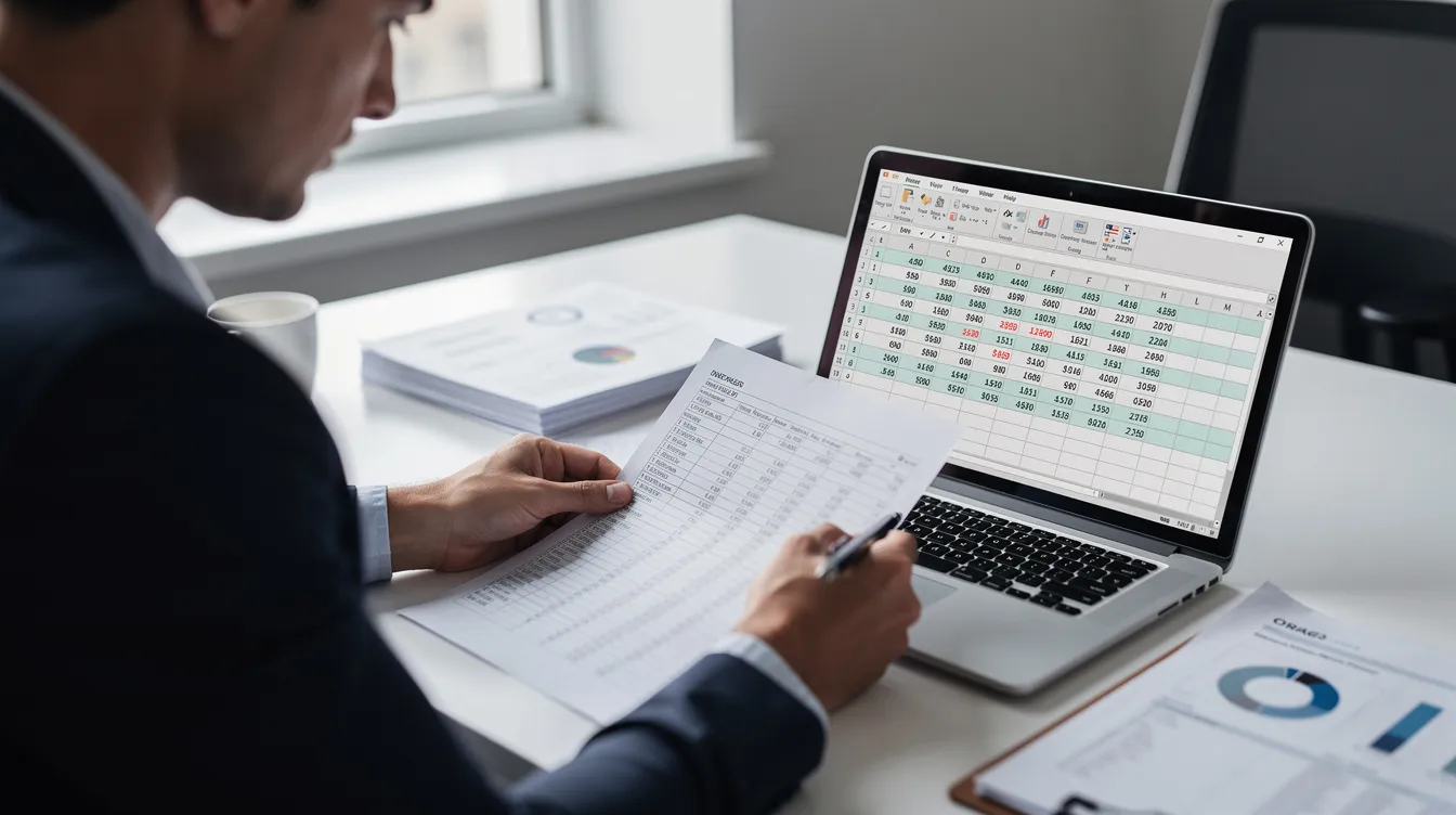 A person is focused on financial documents while working on a laptop displaying spreadsheet calculations, likely related to a mudra loan project report. The scene reflects the meticulous process of analyzing financial projections for small business owners seeking funding through the mudra scheme.
