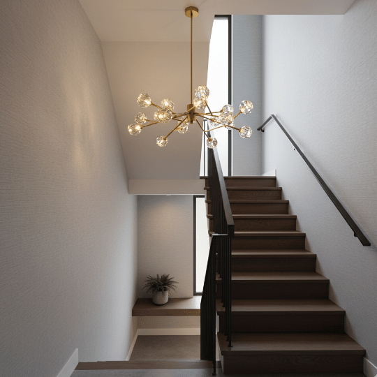 A modern sputnik-style chandelier hangs above a narrow wooden staircase, adding both brightness and sculptural interest to the space. The clean walls and slim handrail emphasize the fixture’s warm glow, creating a stylish example of small staircase lighting ideas.
