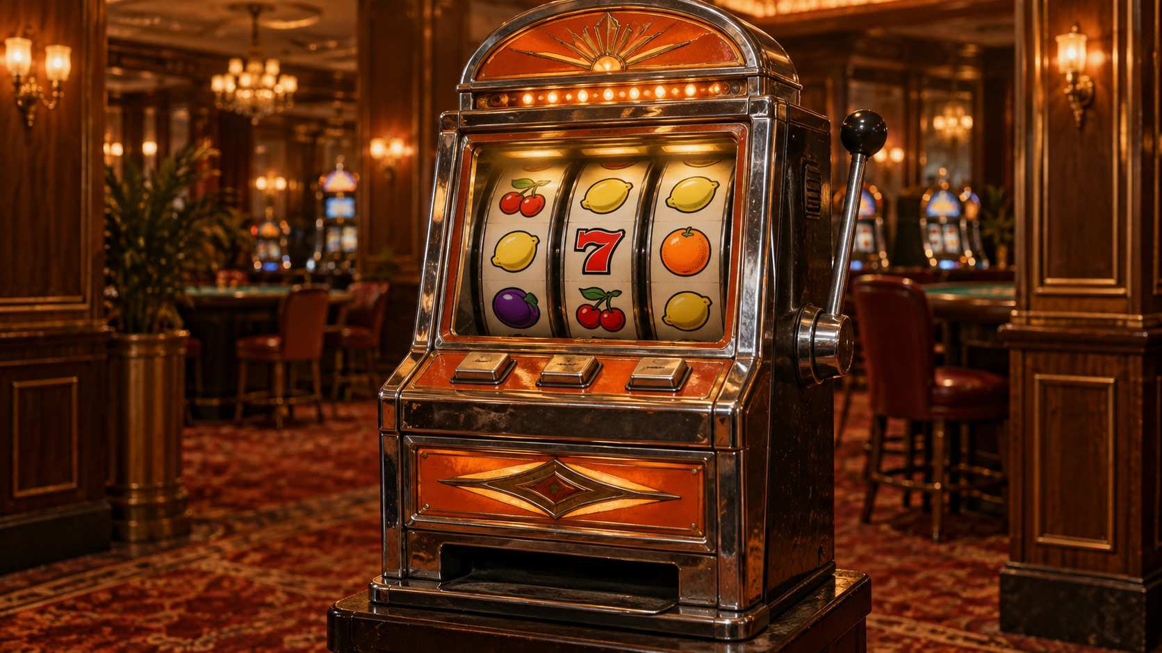 Klassieke fruitautomaat met mechanische rollen, fruitsymbolen en een hendel.