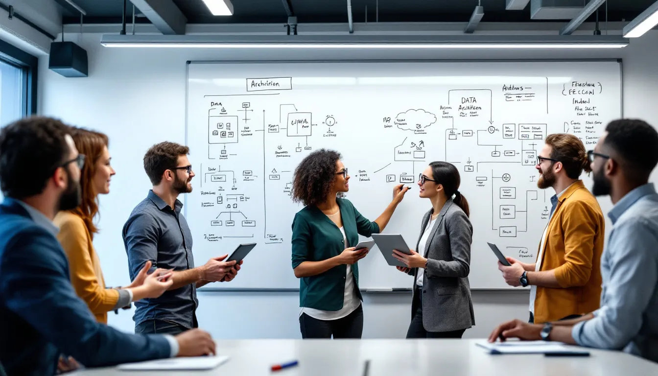 In the image, IT professionals, including data engineers and data scientists, are collaborating to analyze complex data architecture diagrams, focusing on data processing and integration strategies using tools like Azure Databricks and AWS services. They are engaged in discussions about data transformations, machine learning models, and the performance metrics of their unified analytics platform.