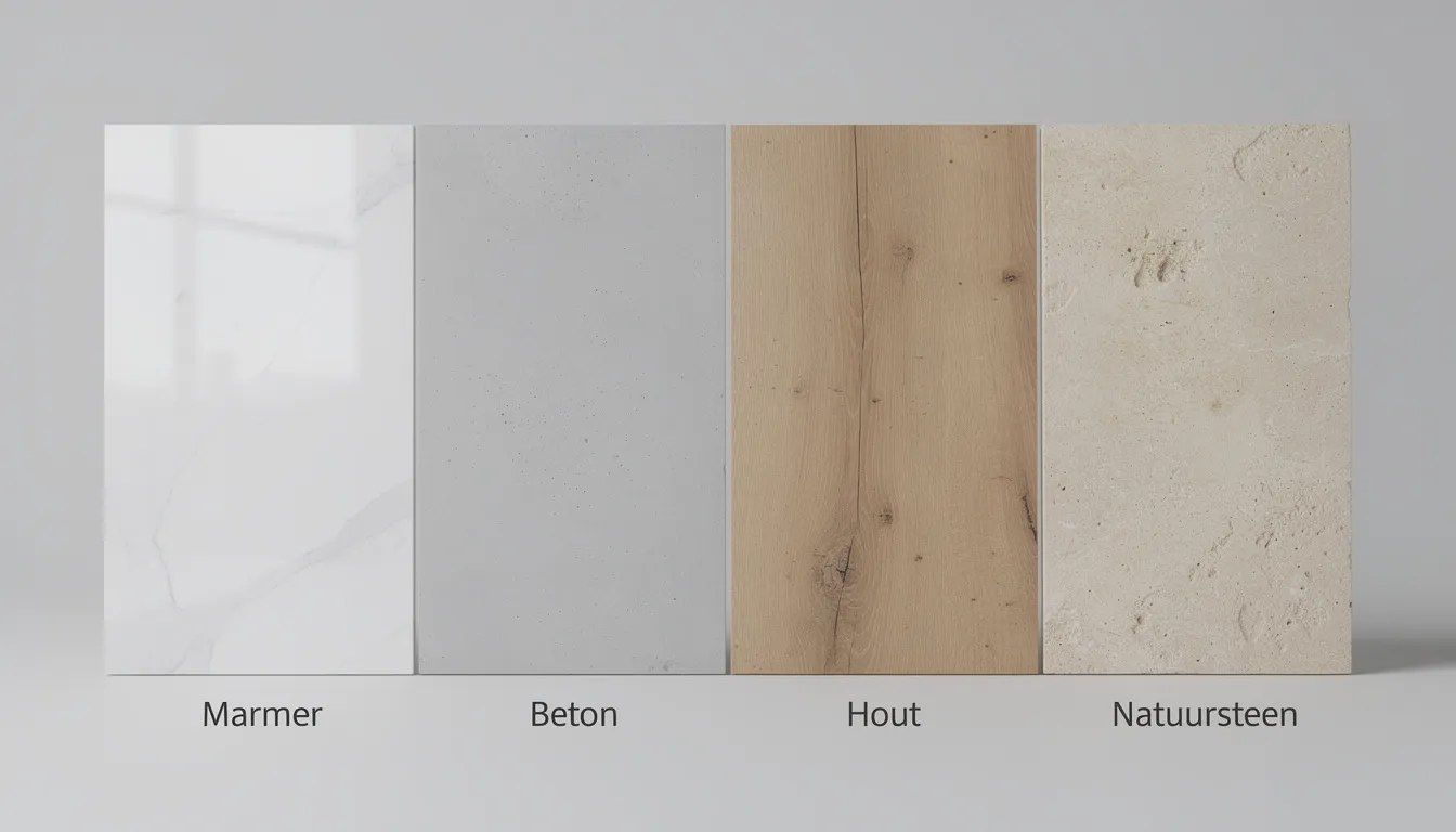 De afbeelding toont een collage van verschillende badkamer wandpanelen, waaronder marmer, beton, hout en natuursteen, die naast elkaar zijn geplaatst. Deze diverse stijlen bieden eindeloze ontwerpmogelijkheden voor het renoveren van jouw badkamer, met een luxe en moderne uitstraling.