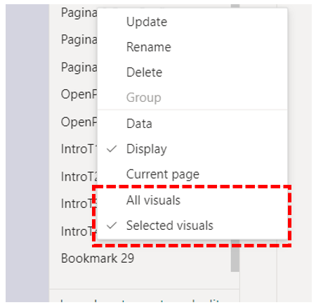"All visuals" and "Selected visuals" are options that can be selected when creating a bookmark