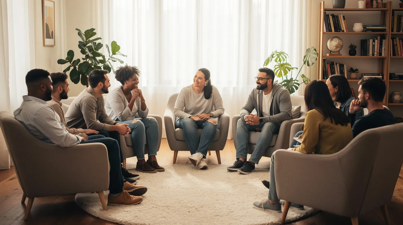 A group of individuals is seated in comfortable chairs, arranged in a circle, engaging in a supportive conversation that fosters emotional well-being. This group therapy session encourages members to share their experiences and develop healthier coping mechanisms in a safe and nurturing environment.