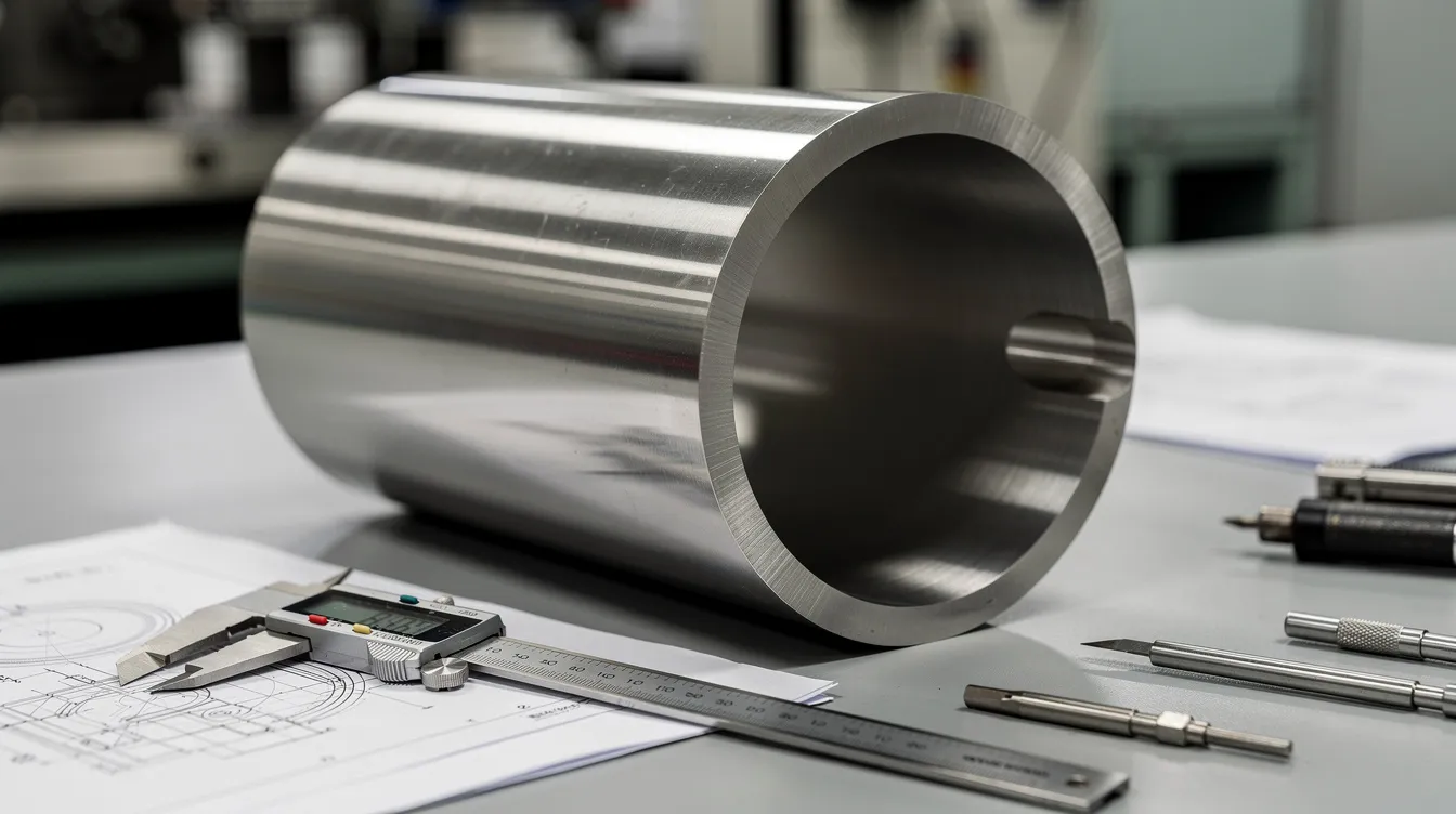 The image shows a cross-section view of a deep-drawn stainless steel cylindrical housing resting on a manufacturing workbench, highlighting the intricate details of the stamping process used to create this specific shape from flat sheet metal. This deep drawing technique is commonly employed in the automotive industry to produce high-quality stamped parts with precision and durability.