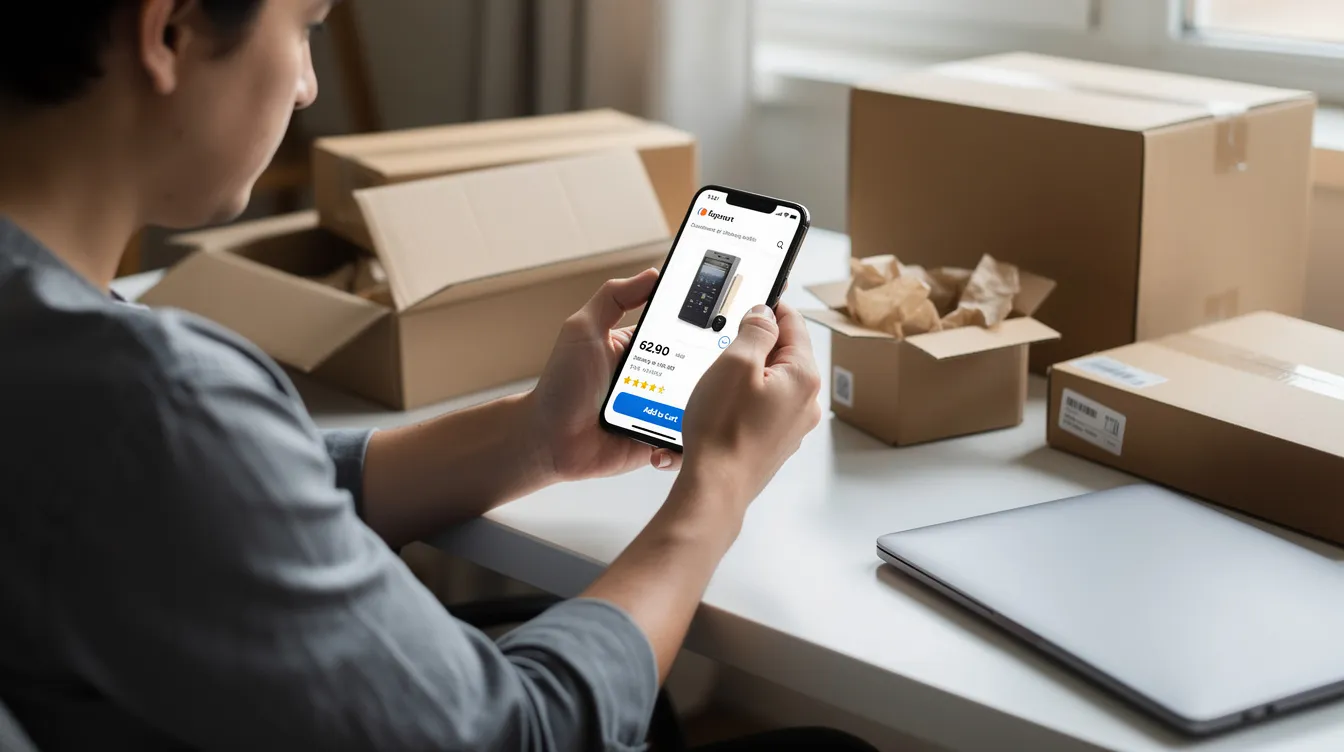 A shopper is sitting at a desk, browsing an online store on their phone, with packages nearby, illustrating the modern online shopping experience. This scene highlights the importance of optimizing the checkout process to reduce cart abandonment and enhance customer engagement.
