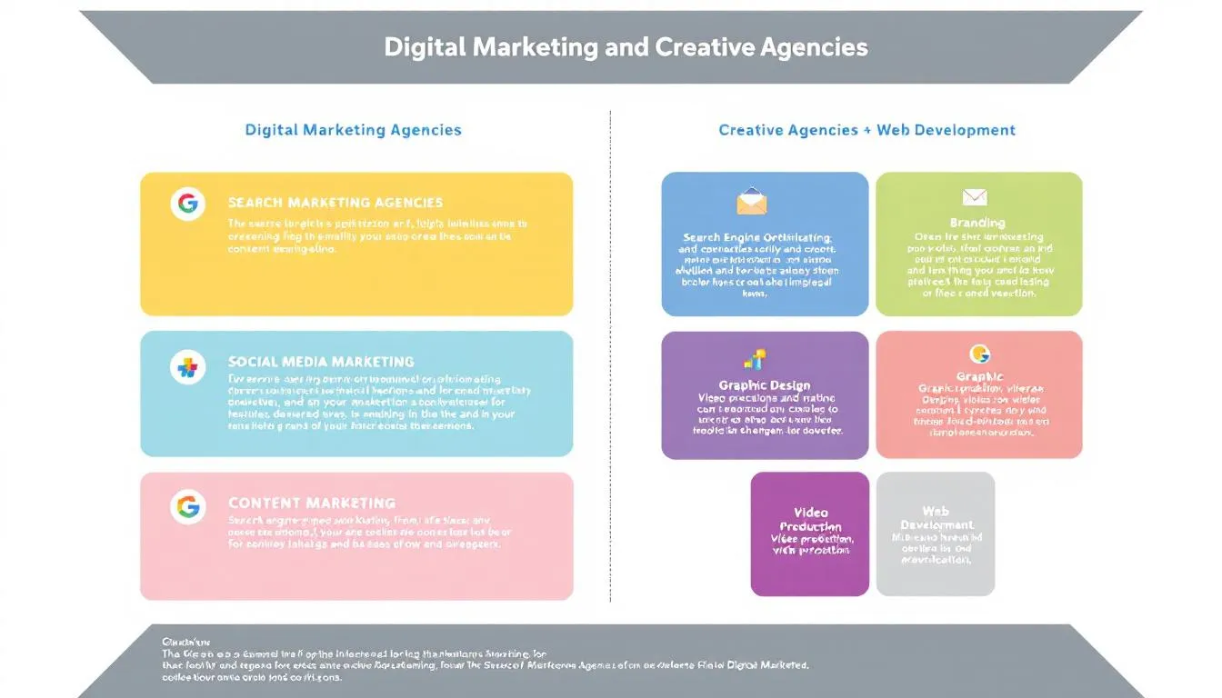 The image illustrates various types of digital marketing agencies and creative agencies, showcasing their unique strategies and services aimed at helping ambitious brands succeed online. It highlights aspects such as SEO, social media marketing, and innovative solutions that drive growth and engagement for businesses.