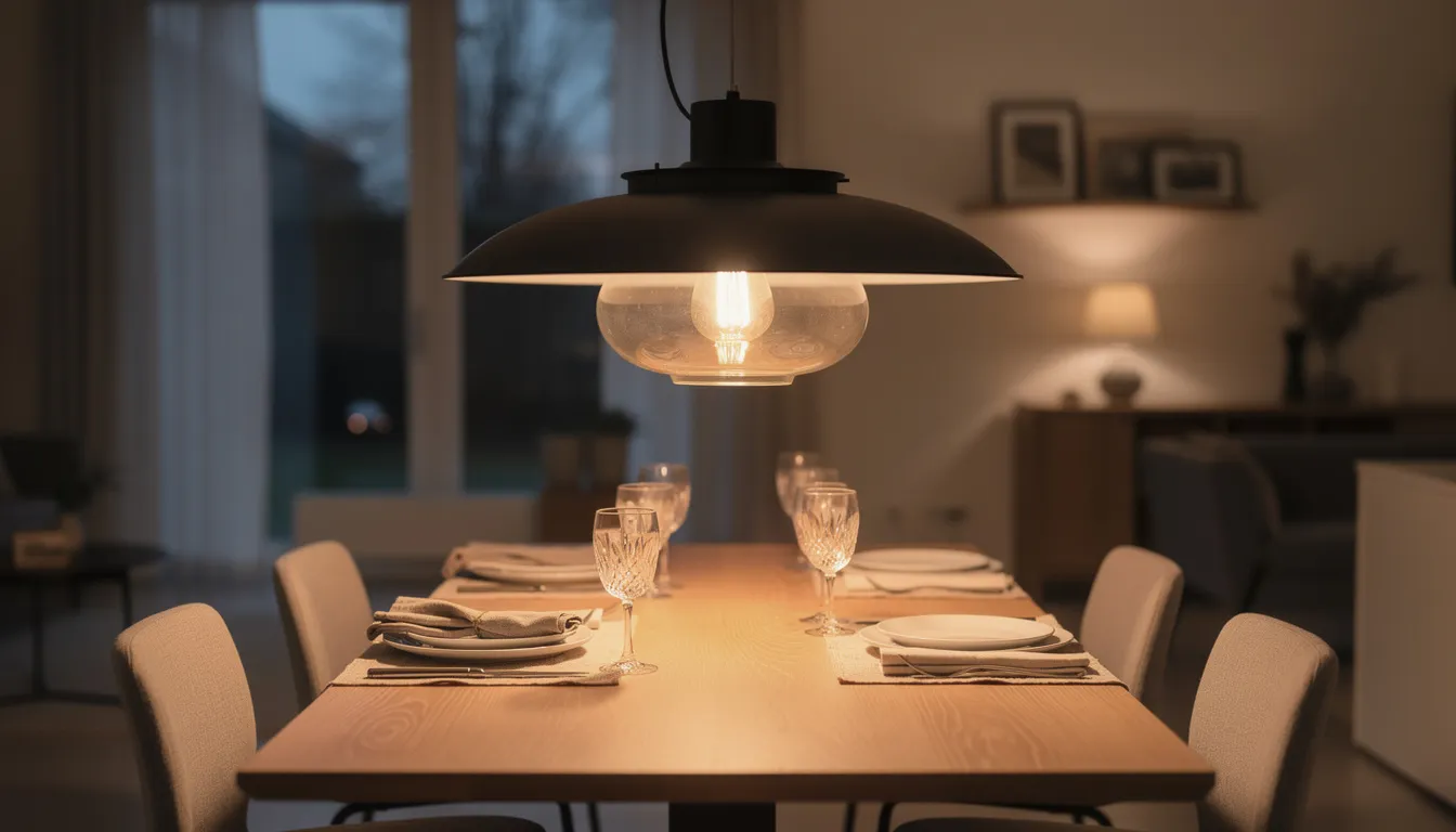 Een grote hanglamp van zwart staal en glas hangt boven een gedekte eettafel, omringd door landelijke eetkamerstoelen. De combinatie van verschillende materialen en de warme uitstraling creëren een gezellige sfeer, perfect voor het genieten van maaltijden met vrienden en familie.
